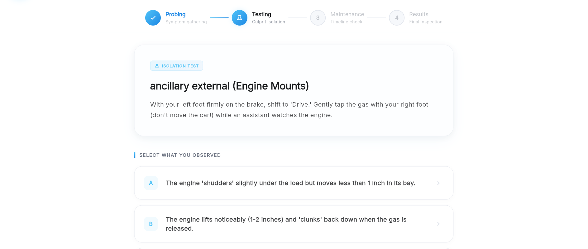 Testing screen — guided isolation tests